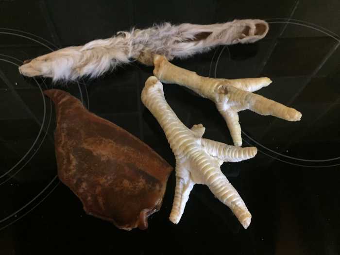 Natural treats - rabbit ear, puffed chicken feet and a pig's ear.