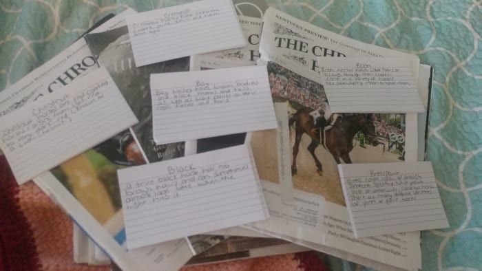 I have index cards with the color and color definition written on them. The kids will use the old horse magazines to cut out a horse of each color and glue it on the front of their card.So the finished product is horse color flash cards.