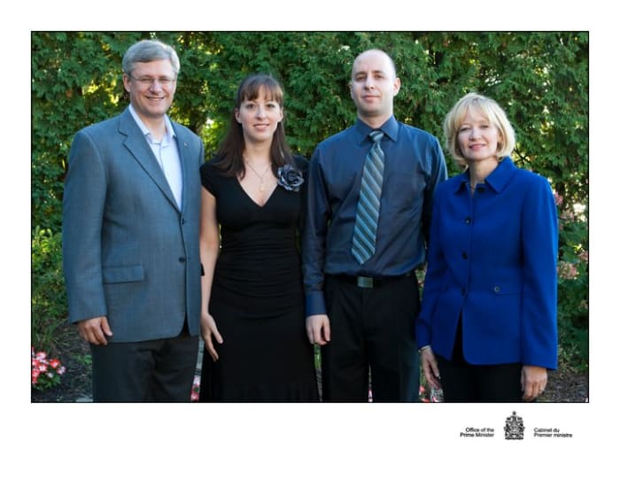 My husband and I with the Prime Minister and his wife Laureen during their summer BBQ at 24 Sussex Drive.