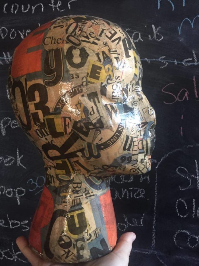 Anyone can try their hand at art. Mannequin Head by Ira Mency. A foam mannequin has been decoupaged and now serves as an art sculpture, or a display for crafters wishing to display their handmade hats or caps.