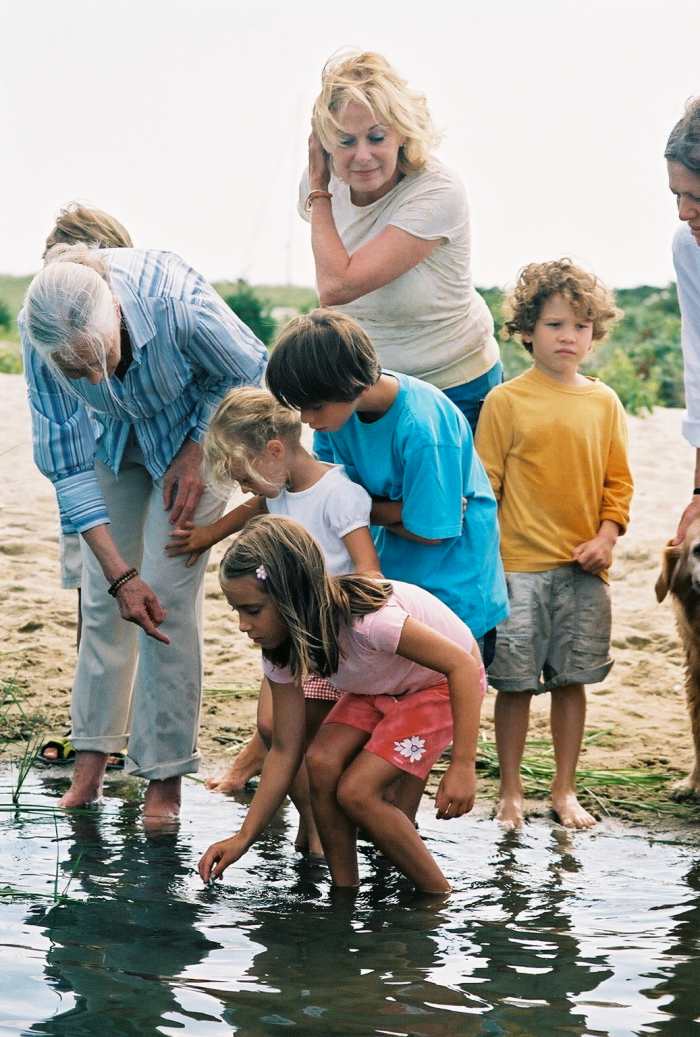 Jane Goodall (left) with children on Martha's Vineyard in 2006
