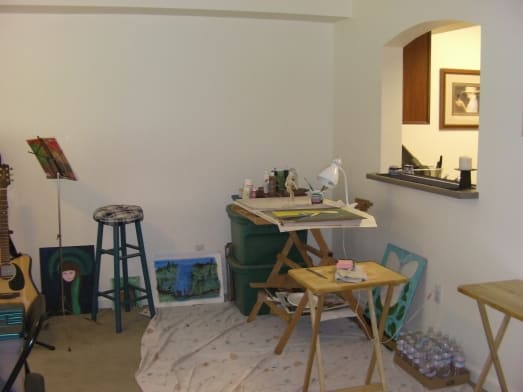 I'm loving apartment life. It is so much nicer than the old cabin I lived in before. Here's where I set up my art supplies.