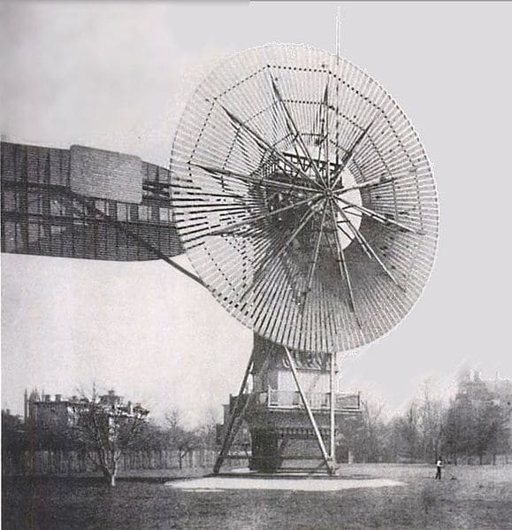 Clean energy rooted in the past 1888 -- Charles F. Brush's 60 ft, 80,000 lb turbine supplied 12kW power to 350 incandescent lights, 2 arc lights, and a number of motors at his home for 20 years.