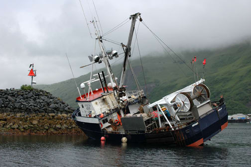 This U.S. Coast Guard photo illustrates how fishing crew fatigue caused the Defiant fishing vessel to run aground.