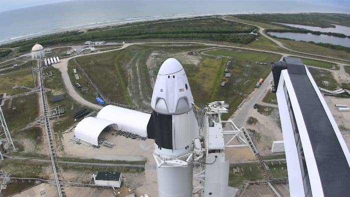 The SpaceX Falcon 9 and Crew Dragon spacecraft stand on Launch Complex 39A on May 27, 2020.