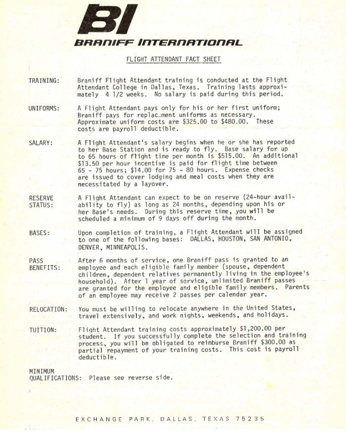 Braniff FAs would be required to reimburse the company for their first uniforms and partial training cost.