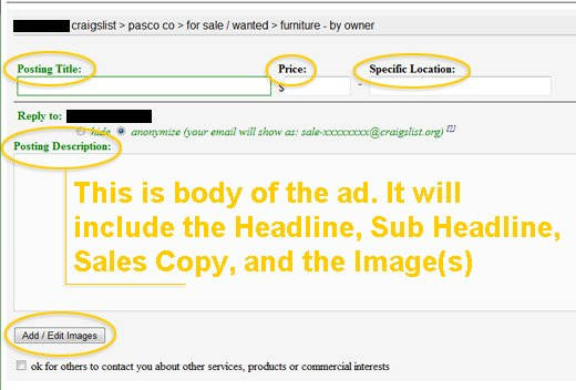 This is a screen shot of the primary ad creation interface you will use to create your ad. I have included orange highlights to help identify the elements we're discussing in this tutorial.