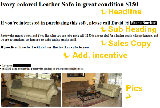 This is the same screen shot of the completed ad but I've used orange highlighter to identify the various components that we're going to discuss in detail below. Refer back to this image as we discuss it below.