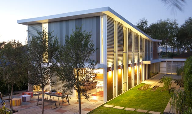 This "Sunlight Residence," by Proto Homes, built in Los Angeles, has 2,650 SF (incl. garage) of living space, 3 beds, and 2.5 baths. Based on its November 2011 sale, the home itself is valued at approx. $437,000.