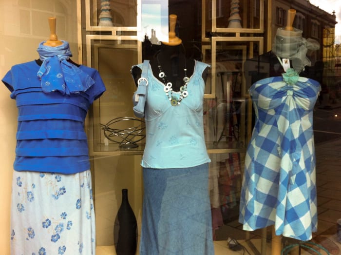 This charity shop has made the effort to create a colour themed window display - even though they know they only have one of each item in stock!
