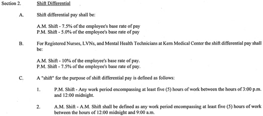 This is part of a public employee contract. In this contract, employees earn 5% more when working the swing shift. Nurses earn 7.5% on the afternoon shift.