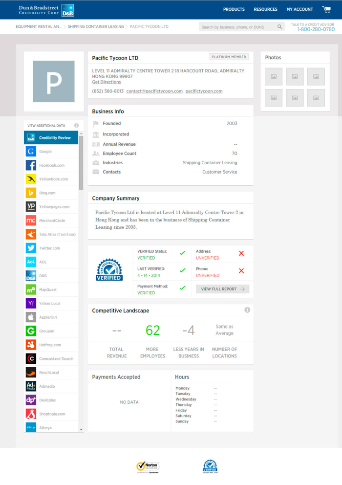 The Dun & Bradstreet Credibility Corp, where it states that the company was supposedly established in 2003. The address and phone number are unverified.