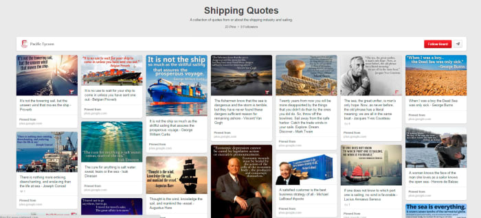 A highly unconvincing Pinterest page full of Shipping Quotes from erm....just about anywhere. How many serious shipping companies do this to attract customers? Note that the PT Pinterest page link is sadly absent from their website...