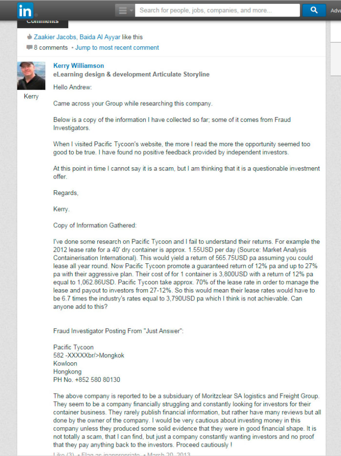 Kerry Williamson on LinkedIn was not sure about purchasing some of Pacific Tycoon's shipping containers.
