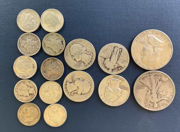United States common 90 percent silver coins. All date before 1965. These coins normally sell for a little over their silver content.