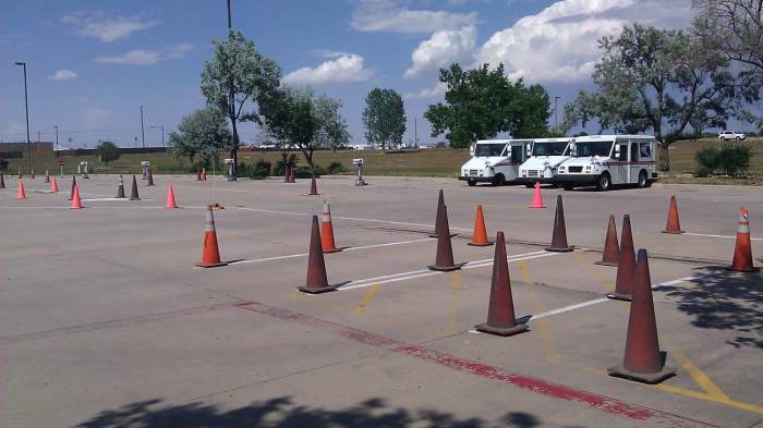 Your driving training facility will look something like this and yes, you will be expected to squeeze this enormous vehicle into these tiny parking spaces without injuring a cone. LLVs are on the left, FFV on the right.