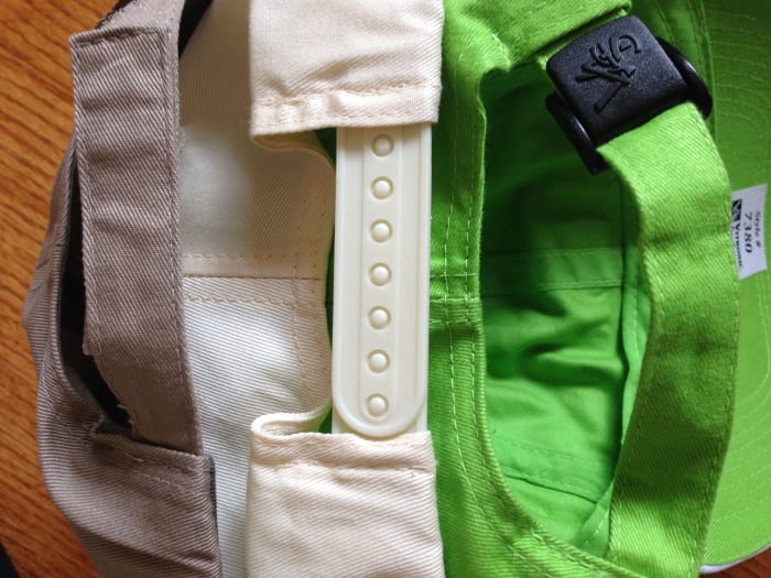 Common hat adjustment closures include hook-and-loop tabs, plastic tabs and fabric strap with buckle.