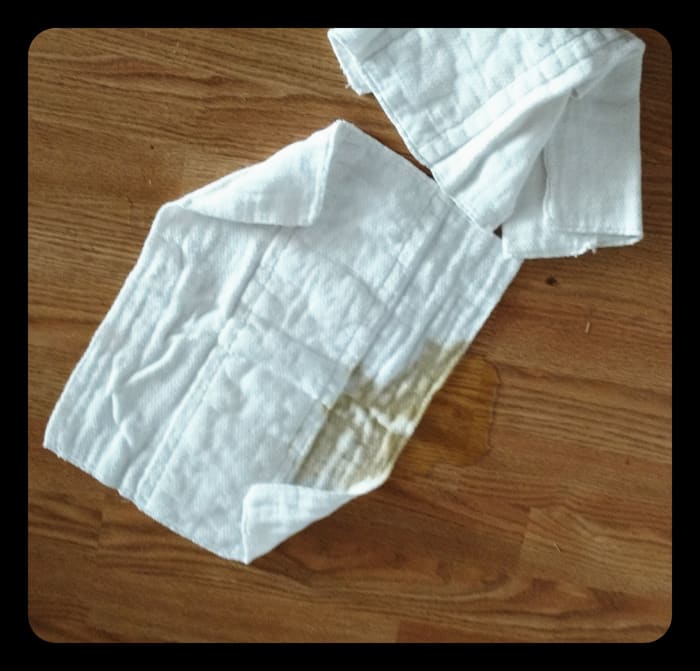 As I set up to take a picture of these baby diaper now wash rags I discovered my puppy peed. See how quickly they absorb. It was an easy clean up.