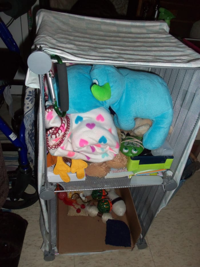 I tried to get just the kids' things, but if you look close you can see I have the cats' toys on the bottom.