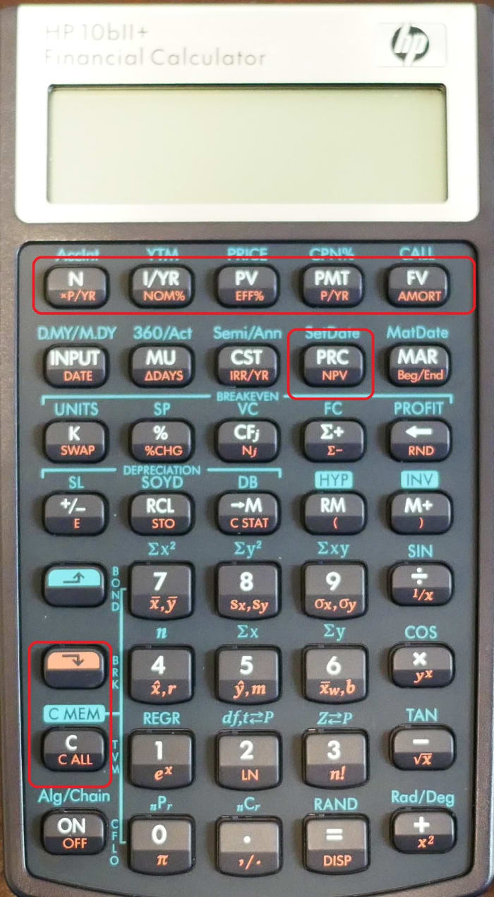 NPV calculation formula as well as the NFV calculation can be made with a calculator. This photo of an HP 10bII+ Calculator show the exact buttons that are used to calculate NFV and NPV.