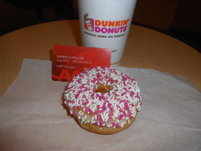 Every Tuesday I go thrift store shopping for items to resell on eBay. I always go to Dunkin Donuts and post a picture of my coffee and the free donut I get with my AARP card.