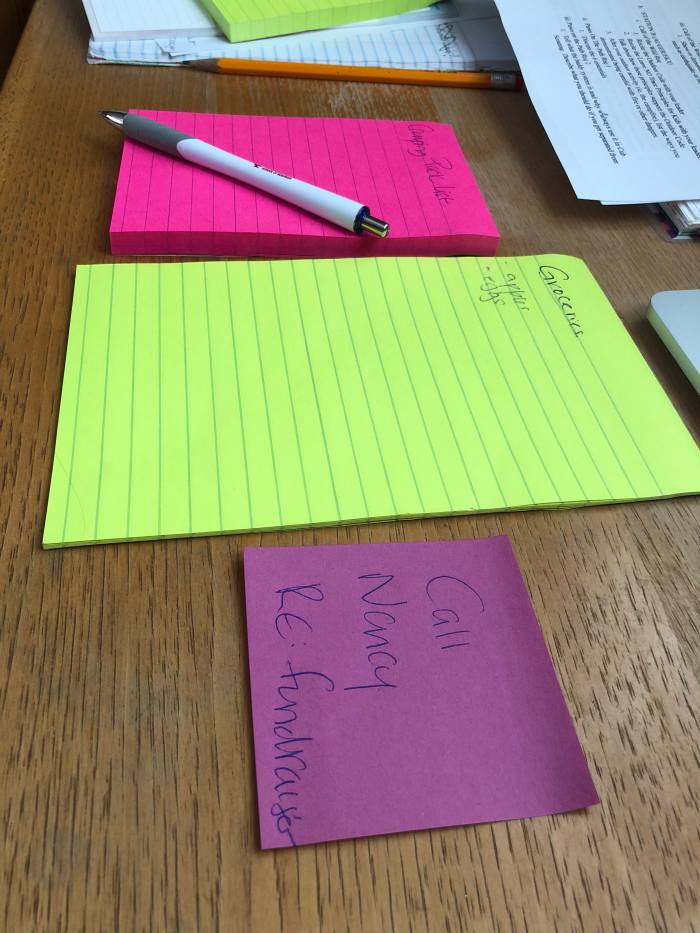 By keeping lists handy and in a declutter space on my desk, I'm able to write down whatever I need to and I'm not searching for a stray piece of paper or pen to write something down when I think of it!