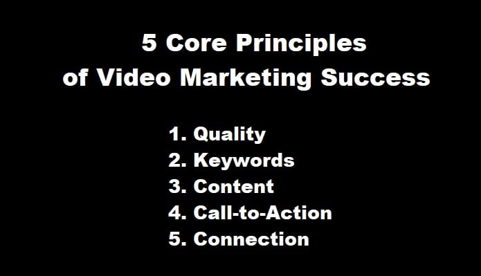 The five essential principles of video marketing success are quality, keywords, content, call-to-action, and connection