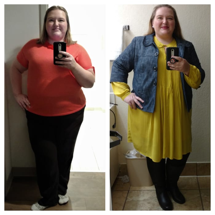 The 1st look: Orange knit shirt, brown pants, and statement necklace. Not shown: brown boots and khaki blazer. The 2nd look: Denim blazer, mustard tunic dress, brown leggings, and brown boots.