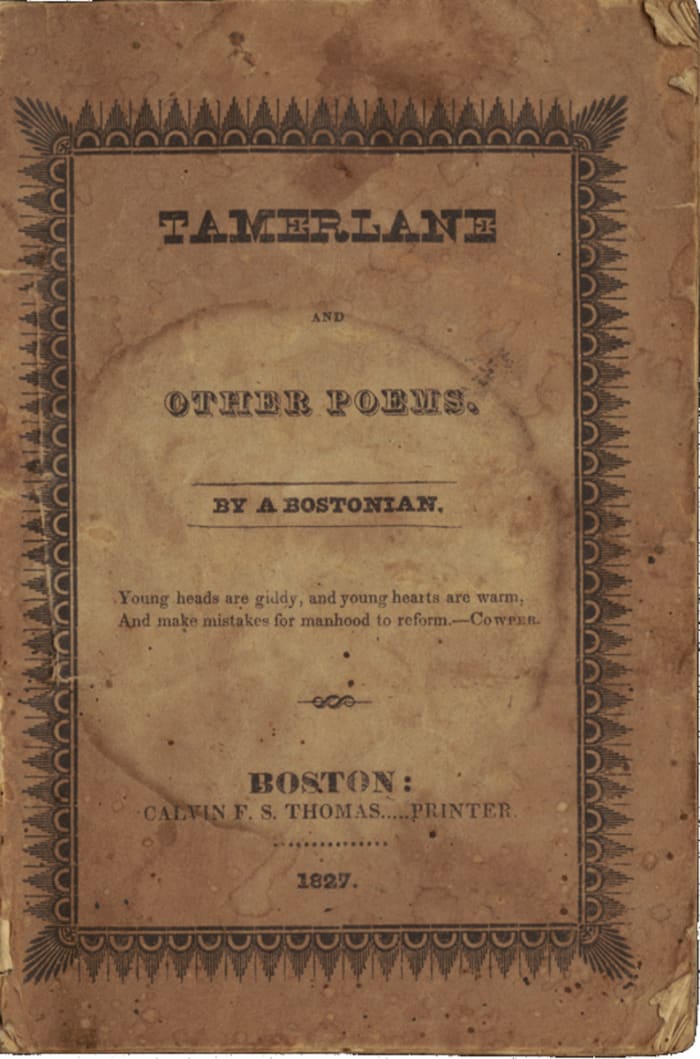 The Wikimedia Commons page about this photo says, "Front cover of Tamerlane and Other Poems by a Bostonian, the first published work of Edgar Allan Poe. Only about 12 copies are known to exist. This one is from the Susan Jaffe Tane Collection."