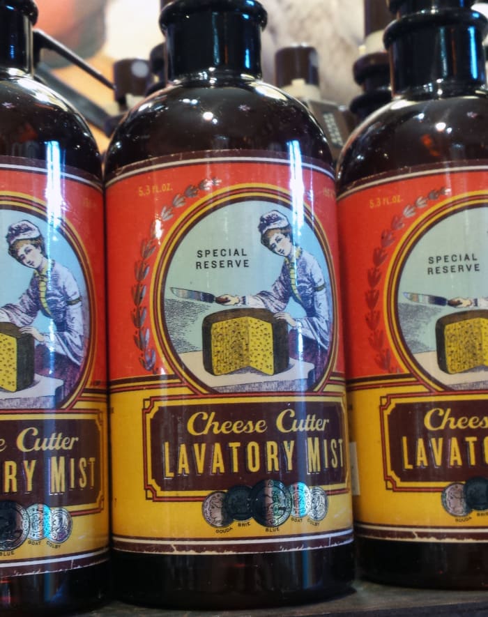 One find from a recent thrift/antique store outing. Who DOESN'T want some Cheese Cutter Lavatory Mist?