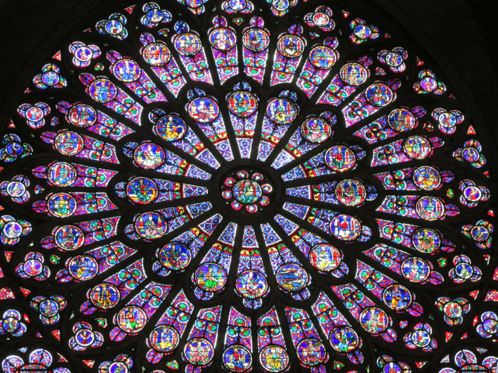 One of the three stained glass rose windows from the Notre Dame Cathedral in Paris before the 2019 fire. Fortunately, the windows survived the massive fire.