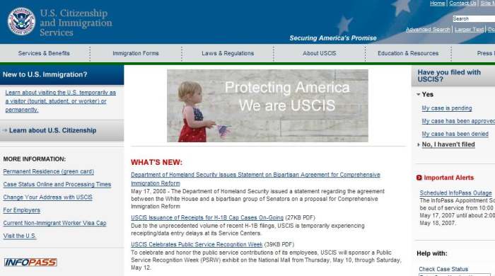 Current (as of May 2007) USCIS Homepage - NOTE INFOPASS button in lower left for making appointments with an immigration officer