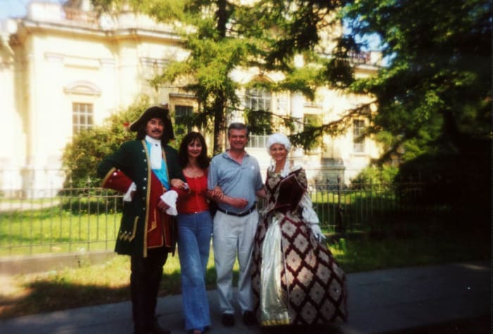 My fiancee, Bella, and I posing with Peter the Great and his Queen inside the Peter and Paul Fortress in St. Petersburg, Russia)