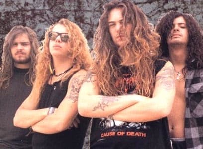 Sepultura 1991: (L-R) Andreas Kisser (guitar), Igor Cavalera (drums), Max Cavalera (guitar/vocals), Paulo Pinto Jr. (bass)
