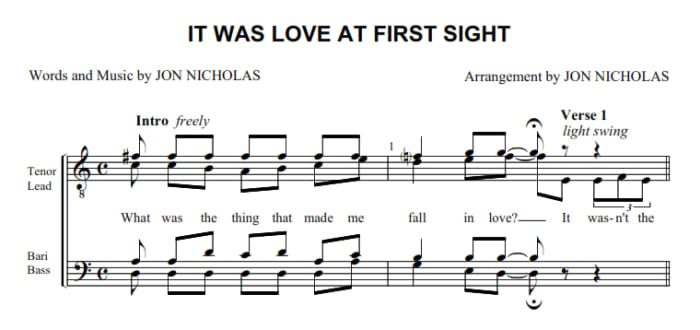 The melody is in the lead part, which is the lower notes in the upper staff (the ones with the downward stems).