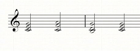 Moving through the chord progression using inversions: C root position, F 2nd inversion, G 1st inversion, C root position again