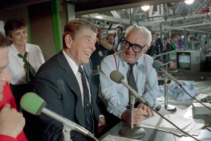 Harry Caray with then US President Ronald Reagan during a September 30th, 1988 broadcast at Wrigley Field. Caray was renowned for leading Cubs fans in a sing along to "Take Me Out to the Ball Game" during the 7th inning stretch.
