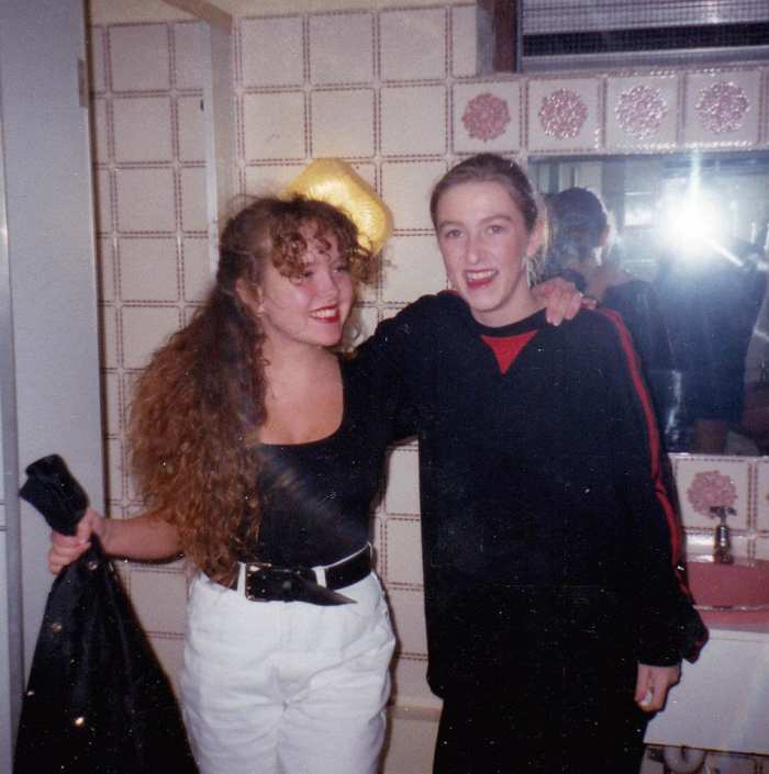 Adele (on the left) and Mandy in the toilets at Monroes, where we all used to sit and have a chat (1990).