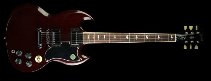The Gibson SG Angus Young is instantly recognizable for its lighting bold fret-board positioning marker inlay.