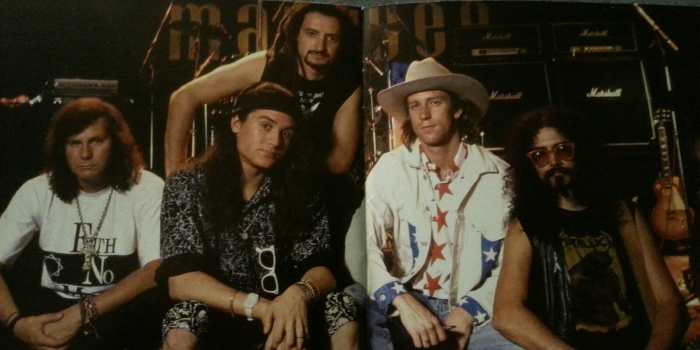 Faith No More, L-R: Billy Gould (bass), Mike Patton (vox), Mike Bordin (drums), Roddy Bottum (keys), Jim Martin (guitar)