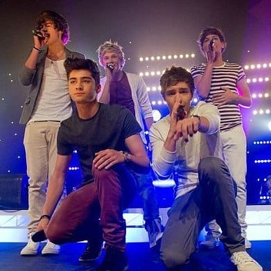 One Direction performing in Sydney. Back l-r Harry Styles, Niall Horan and Louis Tomlinson. Front l-r Zayn Malik and Liam Payne