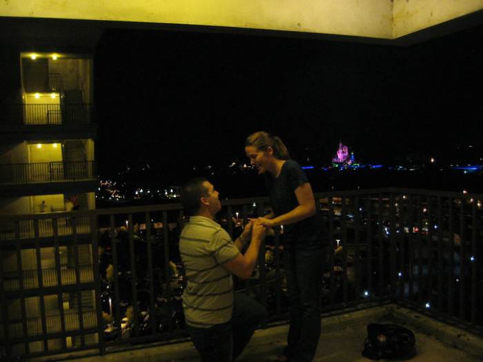 The Stokers. Proposal at a Disney Hotel, before fireworks display. Cinderella's Castle in the background.