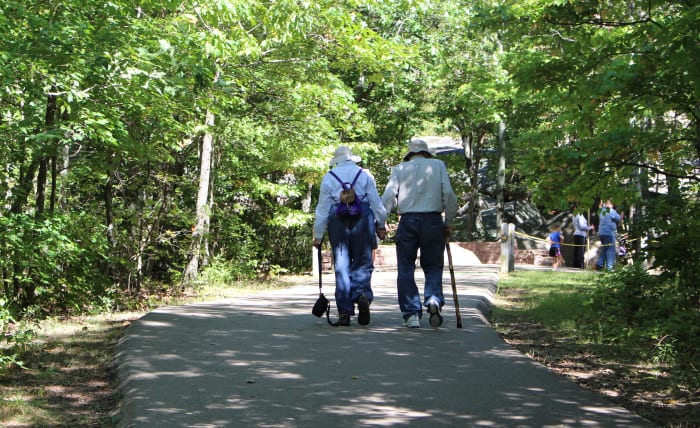 A couple takes a walk together, giving each other company and loving support.