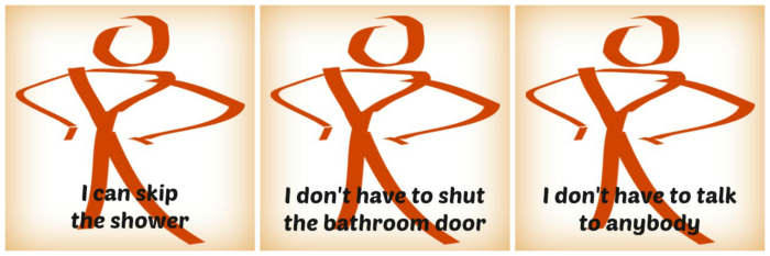 Three reasons I love living alone: I can skip the shower, I don't have to shut the bathroom door, and I don't have to talk.