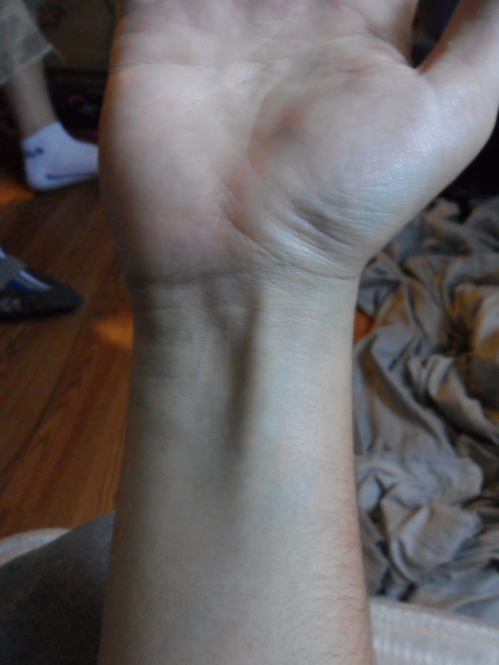 You can see the area around my wrist is now a nice sickly blue. I also got a little creative and started going up my palm.
