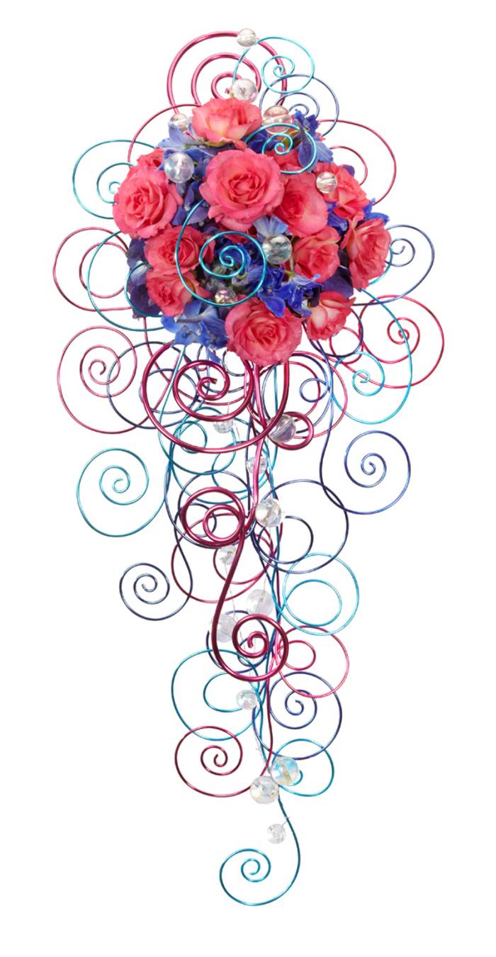 The cascade on this colorful bouquet is made entirely from swirls of oasis wire. Who said you need flowers or foliage?