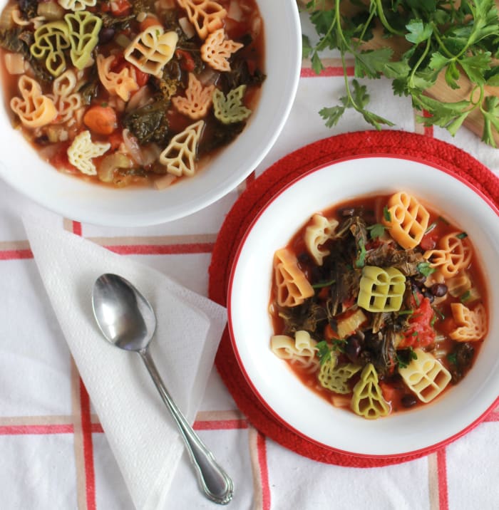 Hearty soup for kids with special holiday touch – Christmas-themed pasta.