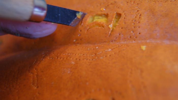Start with the most detailed areas first, the eyes then the lips. This is when you can get confused with the pattern and will need the second copy of the stencil as a guide