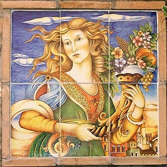 The cornucopia is associated with the goddess Fortuna, the goddess of fortune, either good or bad. When pictured with a Horn of Plenty, she is the goddess of good fortune.