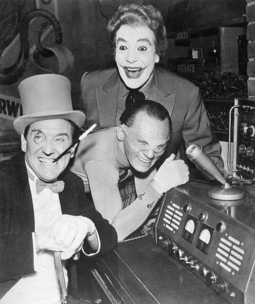 Left to right: The Penguin, Burgess Meredith; The Riddler, Frank Gorshin; and The Joker. Cesar Romero